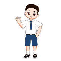 Vector illustration of a boy in uniform waving hello. Perfect for welcoming graphics, introductions, or school-themed materials.

