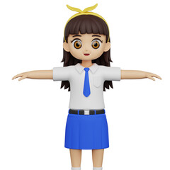 3D schoolgirl character in T-pose for animation or rigging. Ideal for 3D projects, game design, or educational character development.