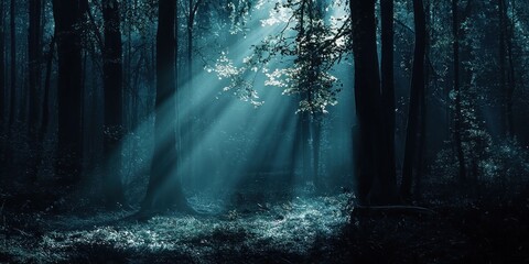 A dreamlike environment where soft light reveals hidden faces within a dark forest