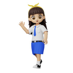 3D illustration of a schoolgirl in uniform waving hello. Suitable for school-related themes, welcome banners, or educational media.