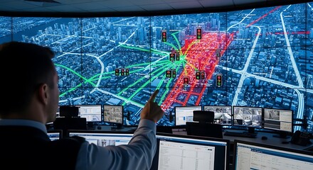A city traffic manager monitors and interacts with a large interactive map displaying real-time traffic flow and incidents.