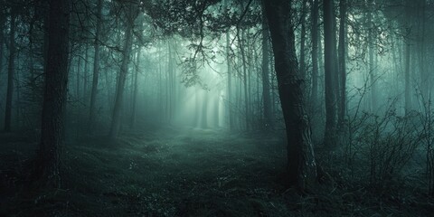 Obraz premium A dreamlike environment where soft light reveals hidden faces within a dark forest