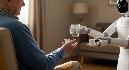 A caring robot assists an elderly man, offering him medication and water in a comfortable home setting.