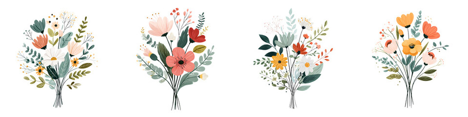 Obraz premium Four Cute Floral Bouquets Isolated on White Background