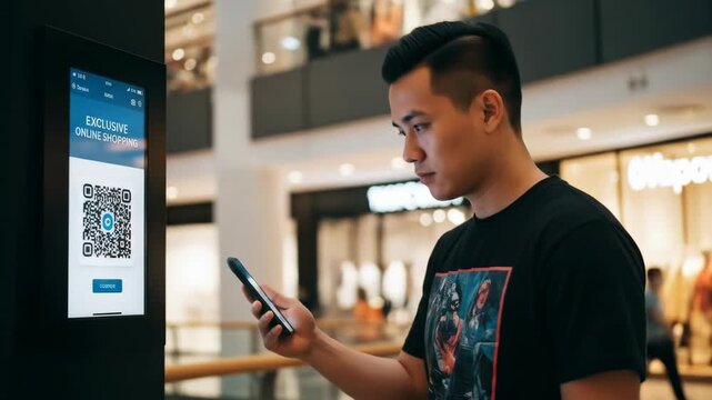 Young Man Using Smartphone to Scan QR Code at Modern Mall Kiosk