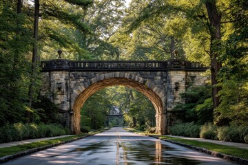 Fototapeta premium Stone Arch Bridge over Road; Traffic, trees in background for travel, historic guides