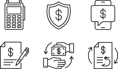 Financial Security and Transactions Icons Depicting Mobile Payments, Secure Investments, Contracts and Transfers in a Simple Design