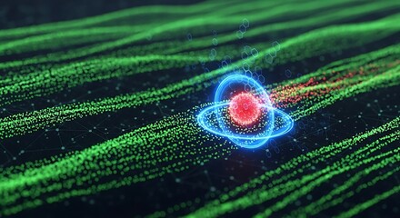 Abstract representation of an atom, surrounded by a digital particle field.