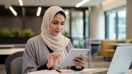 Focused Muslim businesswoman using tablet in modern office - Powered by Adobe