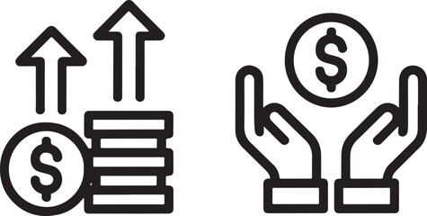 Line Art Representation of Financial Growth and Receiving Money featuring Dollar Coins and Upward Arrows with Open Hand Holding Money