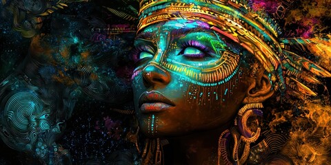 A dreamlike fusion of ancient tribal designs and advanced neon cyber aesthetics