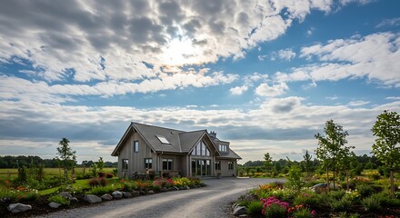Obraz premium A new home with a garden in a rural area under beautiful sky