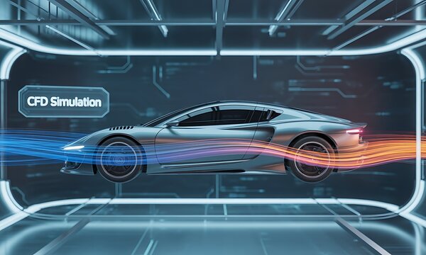 A futuristic silver sports car undergoing a computational fluid dynamics simulation.