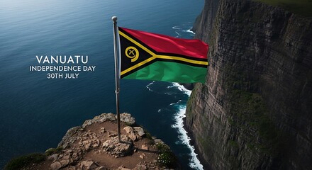 Vanuatu Independence Day Flag Waving on Cliffside Overlooking Ocean