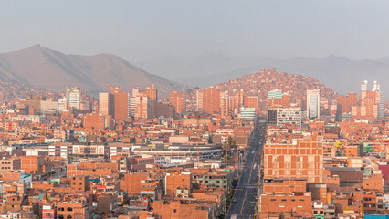 Obraz premium Panoramic skyline of Lima city from above with many buildings aerial timelapse. Lima, Peru