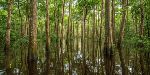Fototapeta premium Enchanting reflections in a tranquil swamp surrounded by tall trees during a serene afternoon Generative AI