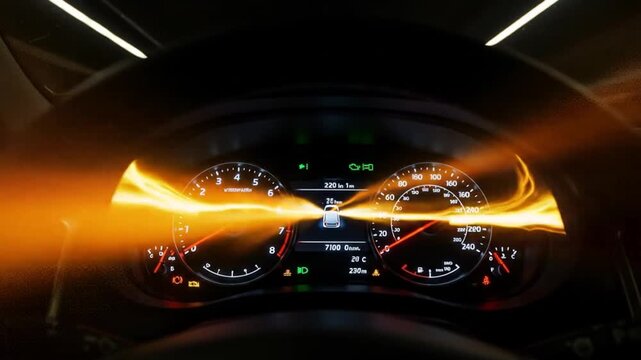 Close-up view of car dashboard displaying speed, fuel level, engine RPM and other vehicle parameters with orange light effect