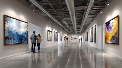 Modern art gallery hallway with abstract paintings and visitors