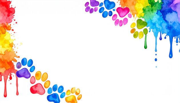 Watercolor rainbow paw prints in corner with bold paint drops and white space.