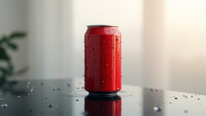 Red Dew Drop Drink Can on Reflective Ice Surface &ndash; Chilled and Refreshing
