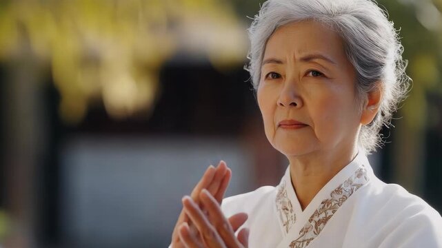 Older Asian woman with white hair practicing martial arts, focusing her energy and ready for a roundhouse kick.