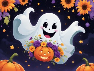 Smiling ghost with flowers and pumpkin on Halloween night