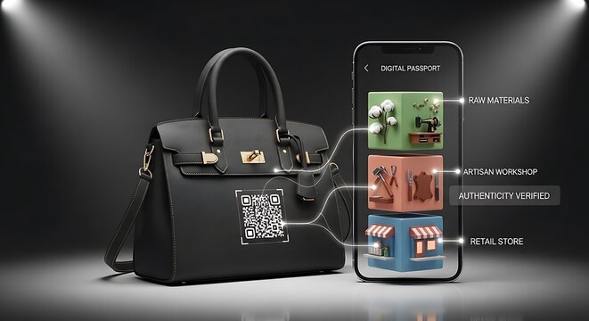 Smartphone app authenticates luxury handbag via QR code, displaying product origin and retail information.