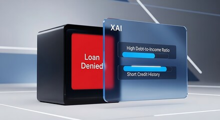 A futuristic, digital loan denial notification displayed on a transparent screen over a black cube.