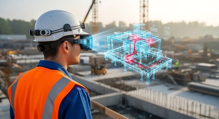 Construction worker using virtual reality headset to review building plans on a construction site.