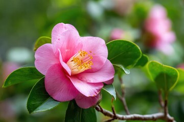 Obraz premium Close up of pink Camellia japonica blooms and green foliage