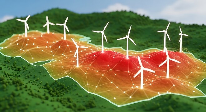 Wind turbines generate clean energy on a vibrant, hilly landscape, visualized with a network of energy flow.