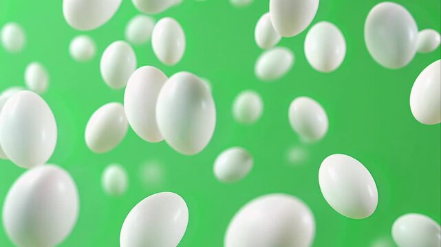 Floating white eggs against a bright green background for advertising and creative concepts