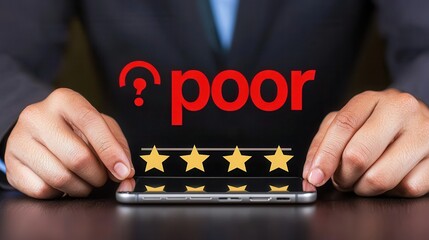 A professional Asian male in a suit evaluates customer feedback on a smartphone, highlighting a contrasting poor review against a backdrop of five stars, symbolizing quality assessment.