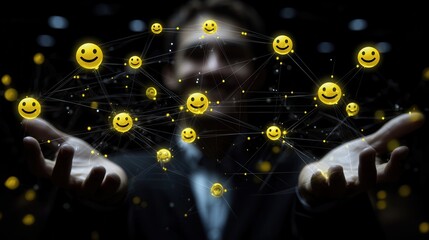 A person in a suit stands with outstretched hands, surrounded by glowing yellow smiley faces representing positivity and connection in a digital world.