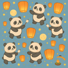 Seamless cartoon animal festival with pandas colorful lanterns playful patterns in a cheerful environment