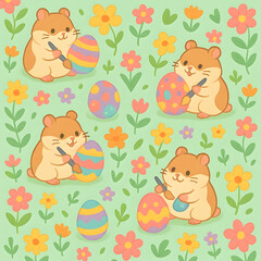 Seamless cartoon animal festival celebrating spring in a colorful pattern environment with hamsters
