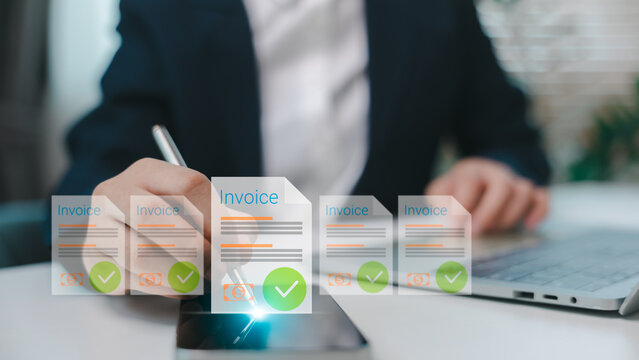 Business person processing digital invoices on mobile with virtual checkmark icons, representing e-invoicing, online billing, fintech solutions, and digital finance management.