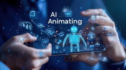 A close-up of a male figure's hands holding a smartphone displaying an animated AI robot, showcasing digital innovation and technology in a futuristic setting.
