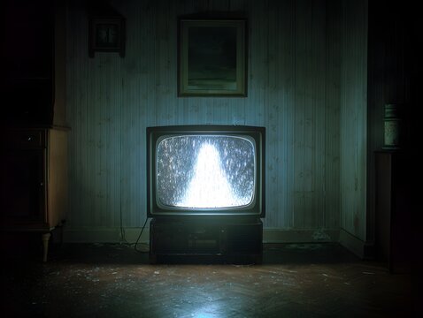 A haunted vintage television with a ghostly figure on the screen in a dark, abandoned room
