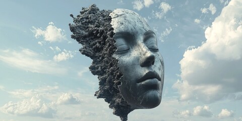head, art dreamlike scene of a floating, half-melted metal face suspended in mid-air