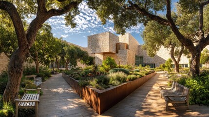 Obraz premium Serene Outdoor Garden with Stone Architecture Surrounded by Lush Greenery and Bright Sky in Modern Urban Environment