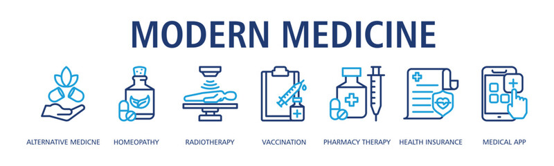 Modern Medicine Web Banner Outline Dualtone icon vector illustration concept with icon of alternative medicine, homeopathy, radiotherapy, vaccination, pharmacy therapy, health insurance, medical app