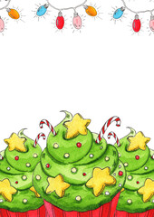 Christmas cupcakes with green frosting, stars, and candy canes. A festive string of colorful lights decorates the top. White background is ideal for cards and menu layouts.