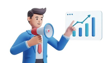 3D Minimal Businessman Presenting Marketing Strategy with Megaphone - Powered by Adobe