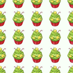 Seamless pattern with watercolor Christmas cupcakes decorated as festive trees. Green frosting, yellow stars and candy canes on a light background make it perfect for winter packaging