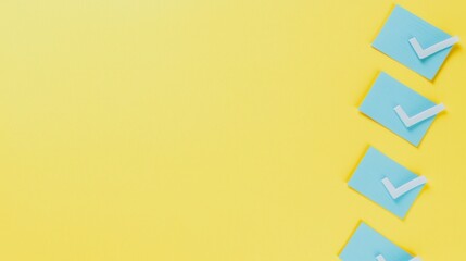 A vibrant yellow background featuring four blue cards with white checkmarks, symbolizing task completion and organization. A cheerful and motivational setting.