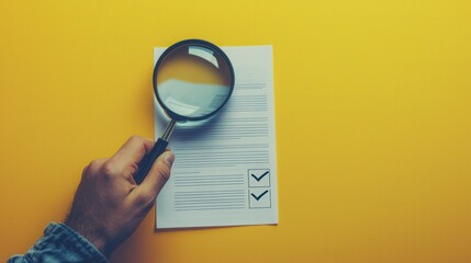 A male hand holding a magnifying glass over a document with checkboxes, set against a vibrant yellow background, symbolizing scrutiny and attention to detail.