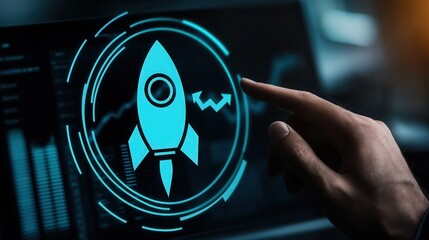A close-up of a hand pointing at a digital rocket icon on a dark screen, symbolizing innovation and growth in technology and business analytics.