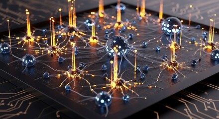 Abstract digital network with glowing nodes and interconnected lines on a dark circuit board background.