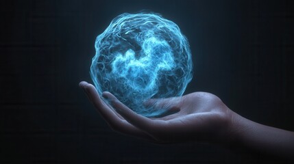 A close-up of a hand holding a glowing blue energy sphere, symbolizing innovation and technology. The ethereal light creates a mystical atmosphere, captivating viewers with its allure.
